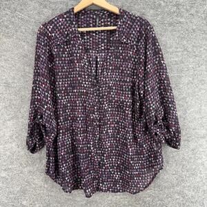 Maurices Shirt Women XL Purple Geometric Button Up V-Neck 3/4 Sleeve Casual